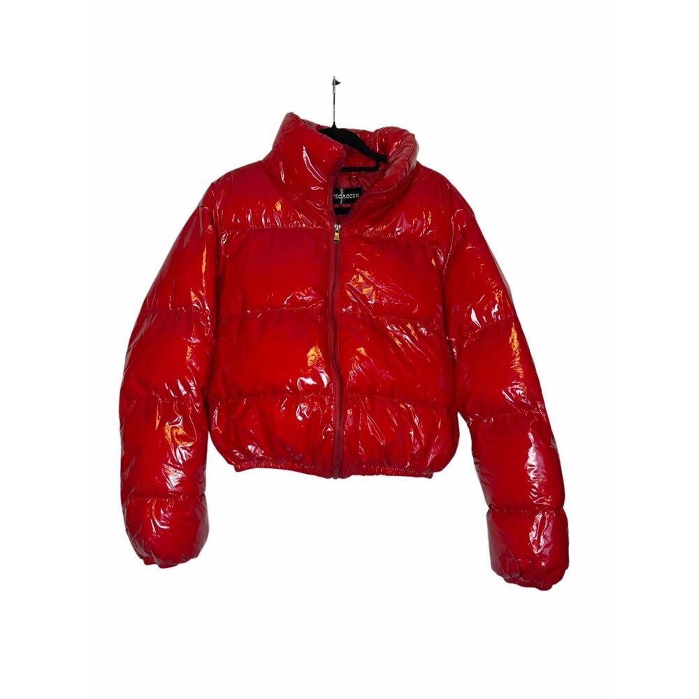 Pecaocun Red Shiny Puffer Jacket Retro Reggae Ska Warm Full Zip size Large